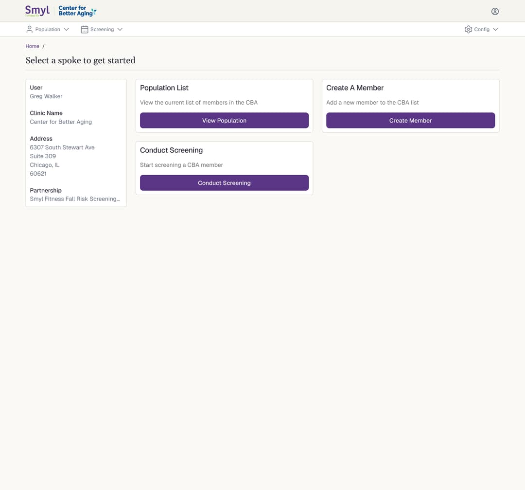 Home dashboard with a clinic details panel and action cards for viewing the population, adding members, and screening.